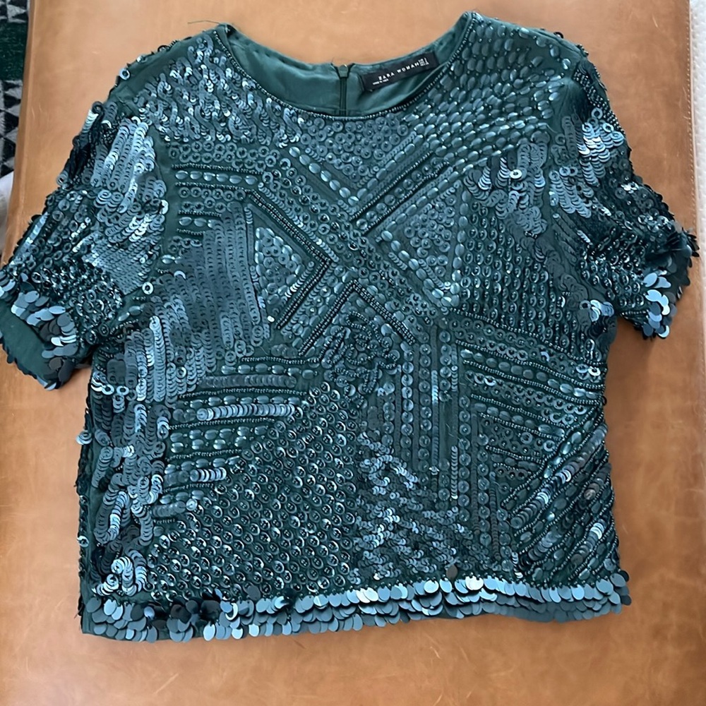 Green sequined cropped top size small Zara